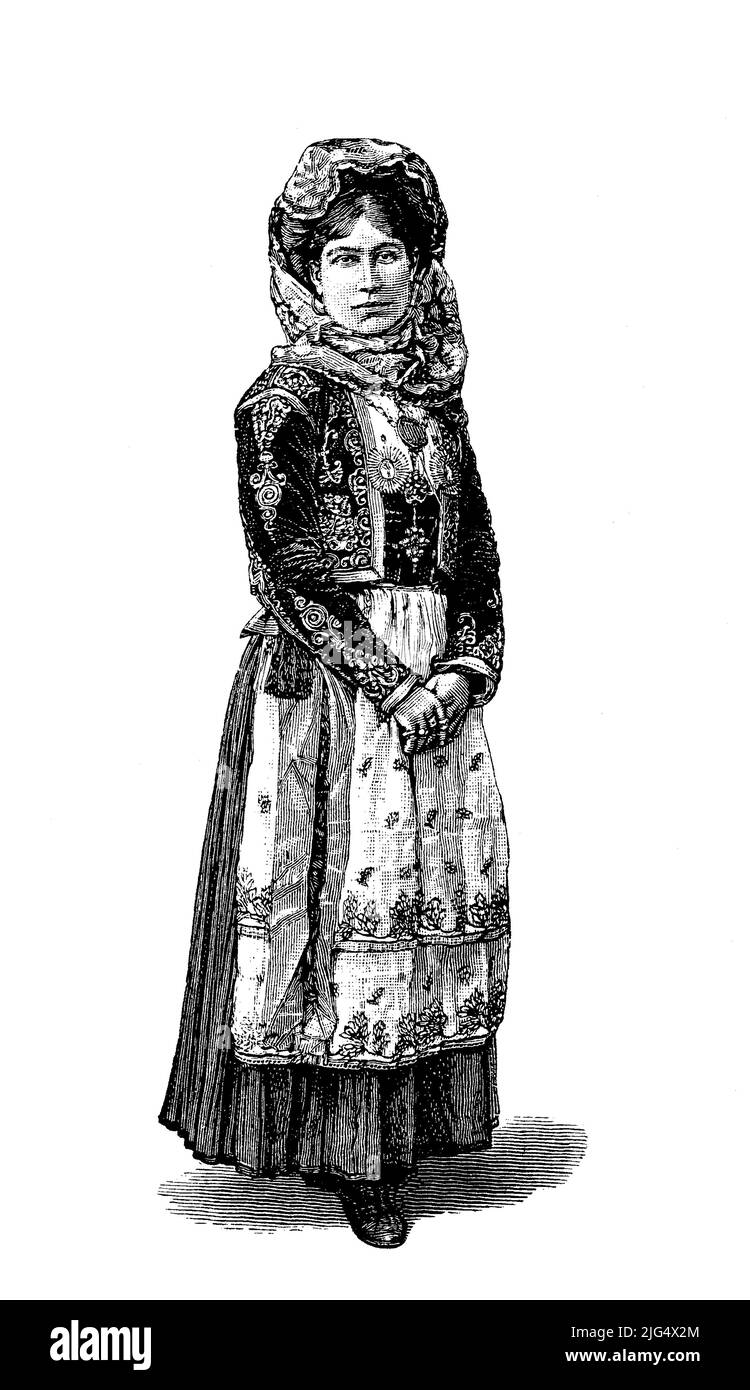 Frau in der Tracht von Korfu, im Jahr 1870, Griechenland, digital restaurierte Reproduktion einer Originalvorlage aus dem 19. Jahrhundert, genaues Originaldatum nicht bekannt / Frau in Tracht von Korfu, 1870, Griechenland, digital restaurierte Reproduktion eines originalen 19.-Jahrhundert-Originals, genaues Originaldatum nicht bekannt Stockfoto