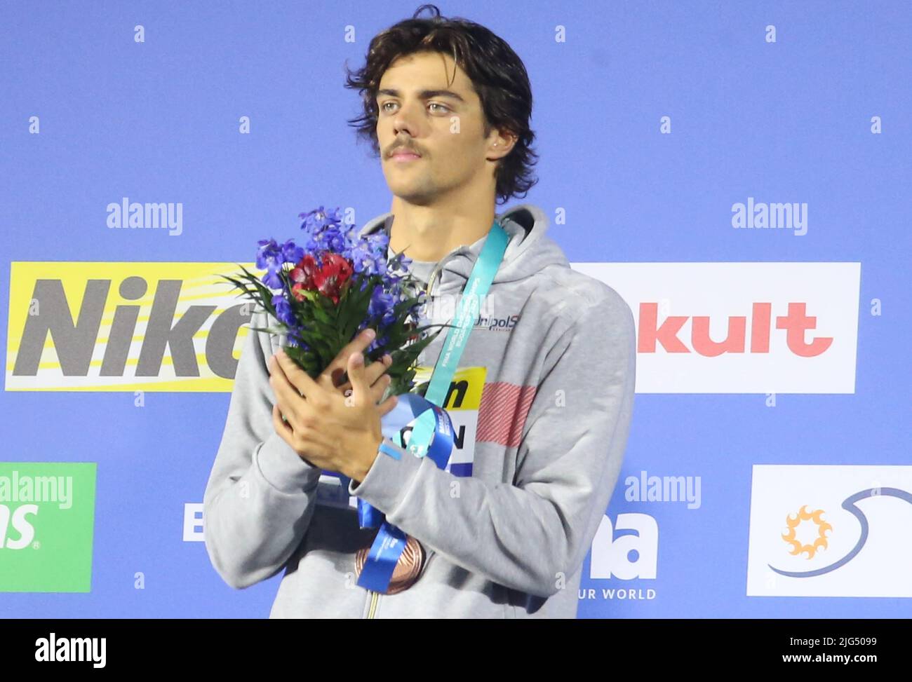 Thomas Ceccon von Italien Podium 50 M Rückenschwimmen Männer während der FINA World Championships Budapest 19. 2022, Schwimmveranstaltung am 24 2022. Juni in Budapest, Ungarn - Foto Laurent Lairys / DPPI Stockfoto