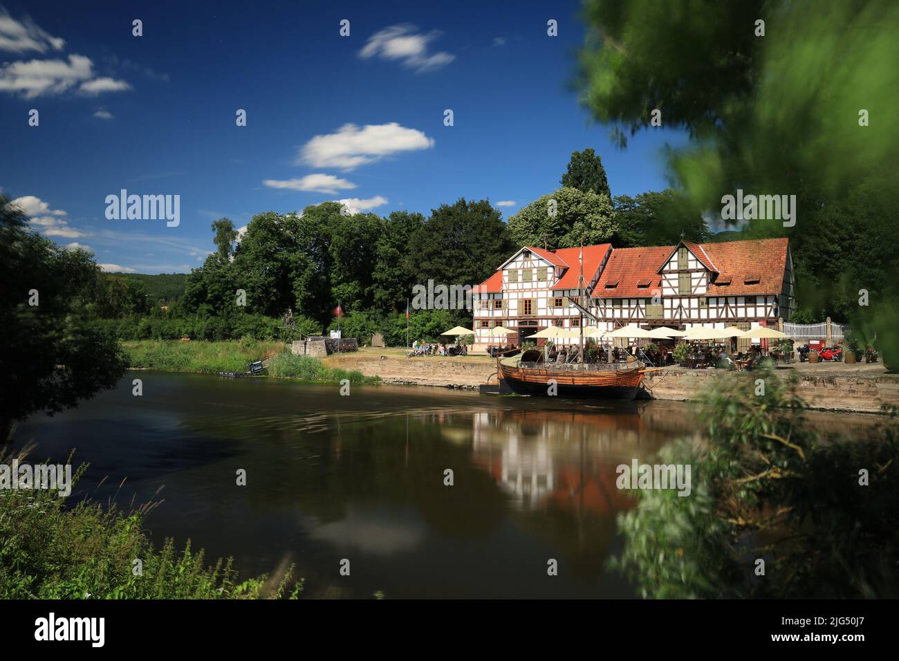 Blick auf den historischen Werra Hafen in Wanfried Stockfoto