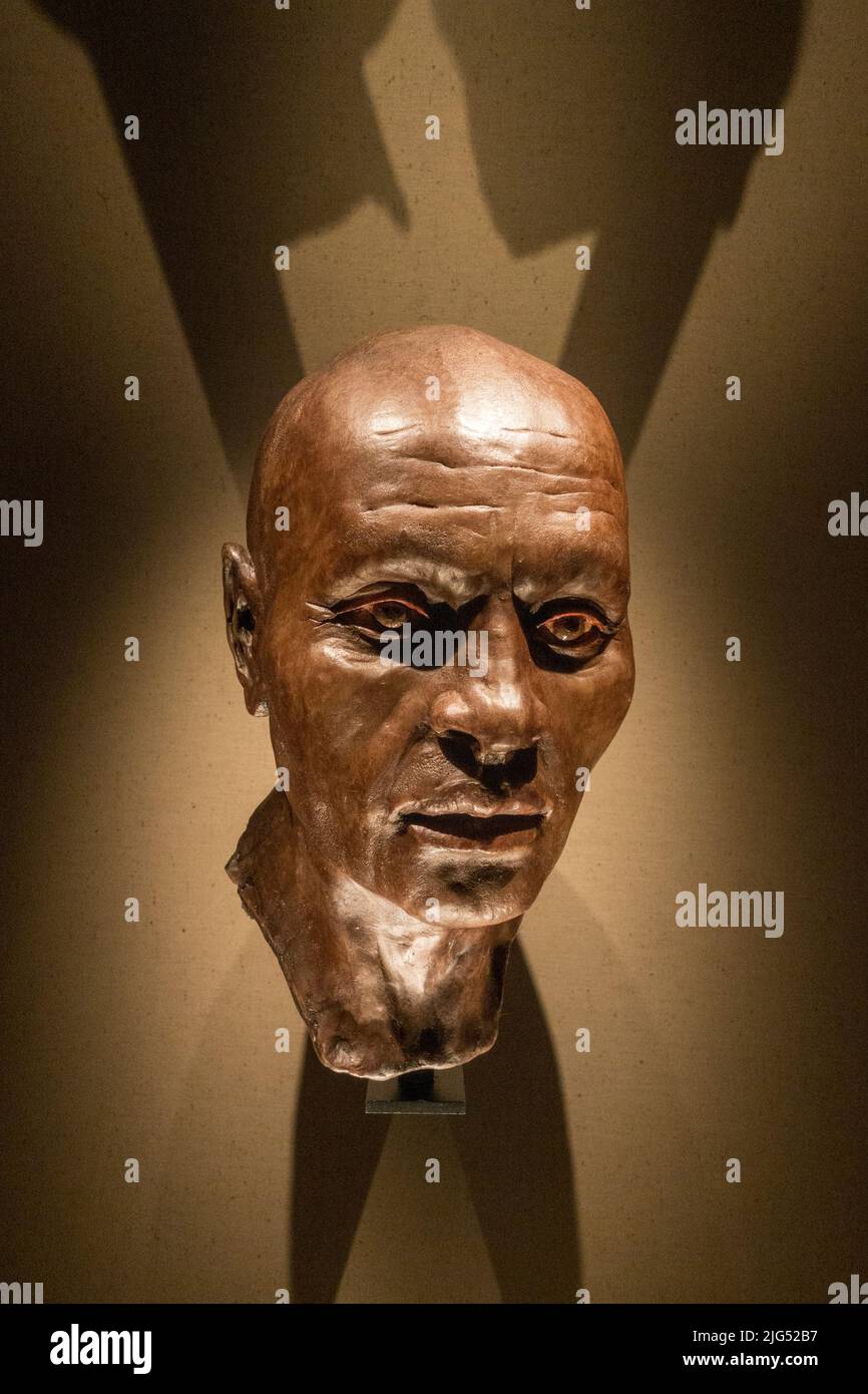 Gesichtsrekonstuktion einer altägyptischen Mumie, die in Großbritannien ausgestellt wurde. Stockfoto