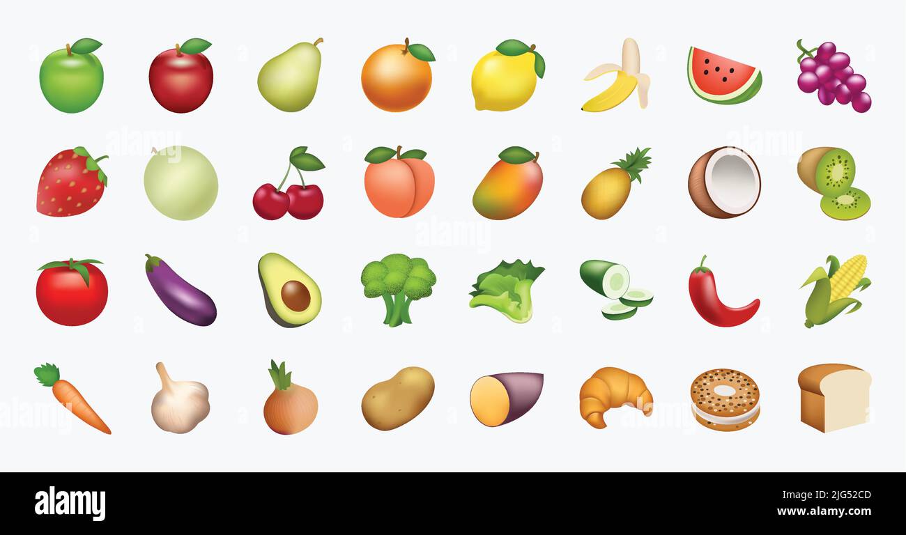 Lebensmittel und Getränke, Fruchtsymbole, Emojis, Emoticons, Aufkleber, Symbole Gemüse, Kuchen, Vektor-Illustration flach Symbole Set, Sammlung, Packung. Stock Vektor