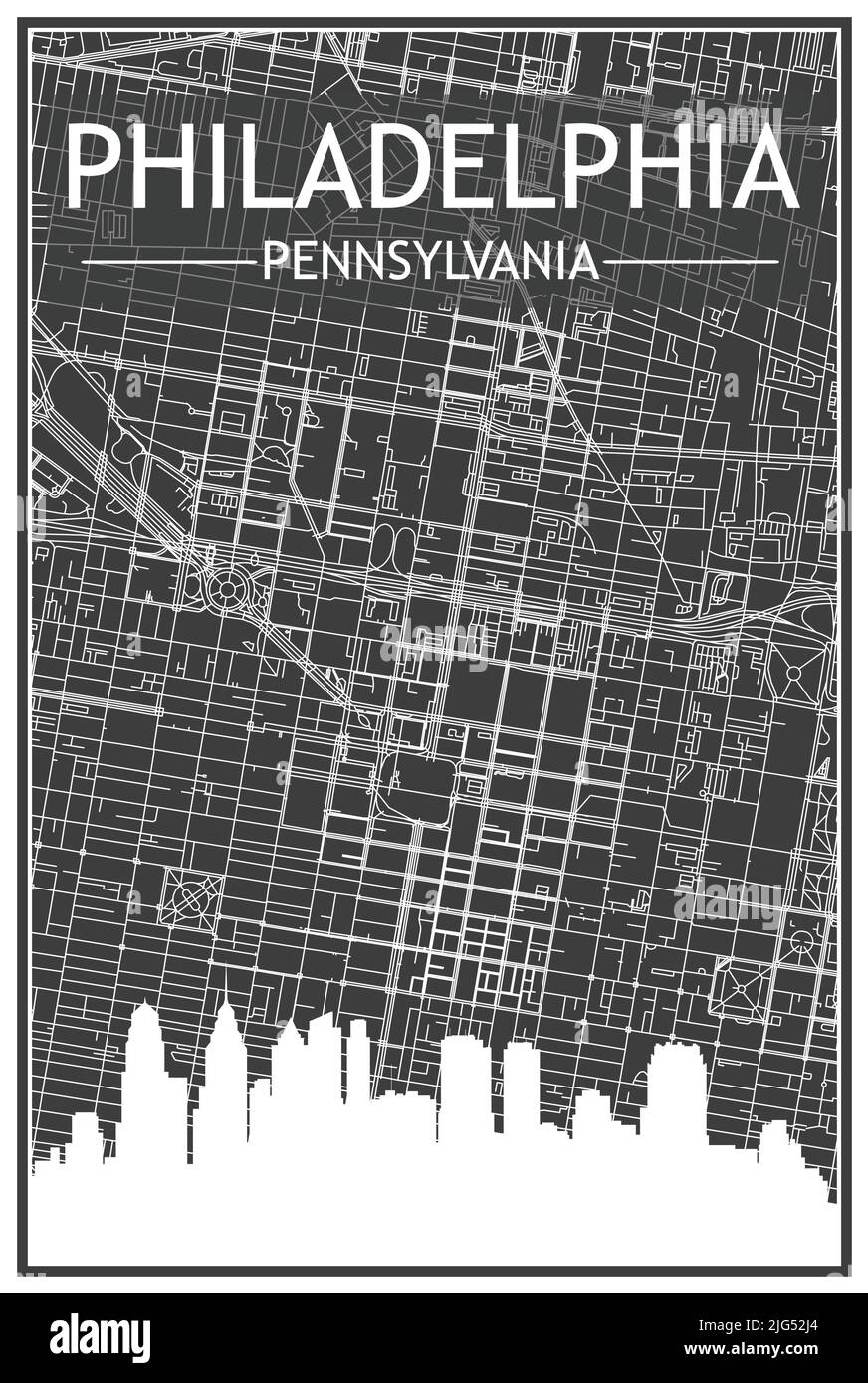 Ein Stadtplakat mit dunklem Ausdruck und Panoramasilhouette und handgezeichneten Straßen auf dunkelgrauem Hintergrund der Innenstadt VON PHILADELPHIA, PENNSYLVANIA Stock Vektor