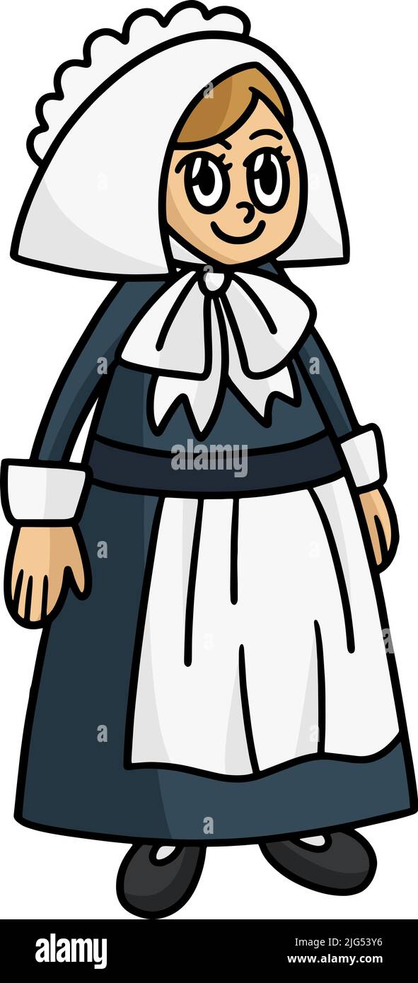 Thanksgiving Pilgrim Girl Cartoon Coloured Clipart Stock Vektor