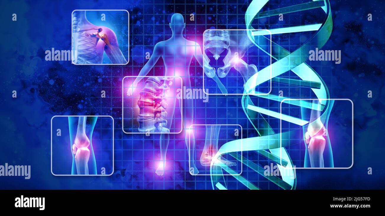 Medizinisch-wissenschaftliches Konzept und Stammzelltherapie oder DNA-genetische Behandlung für schmerzhafte Gelenke und Gentherapie mit 3D Illustrationselementen. Stockfoto