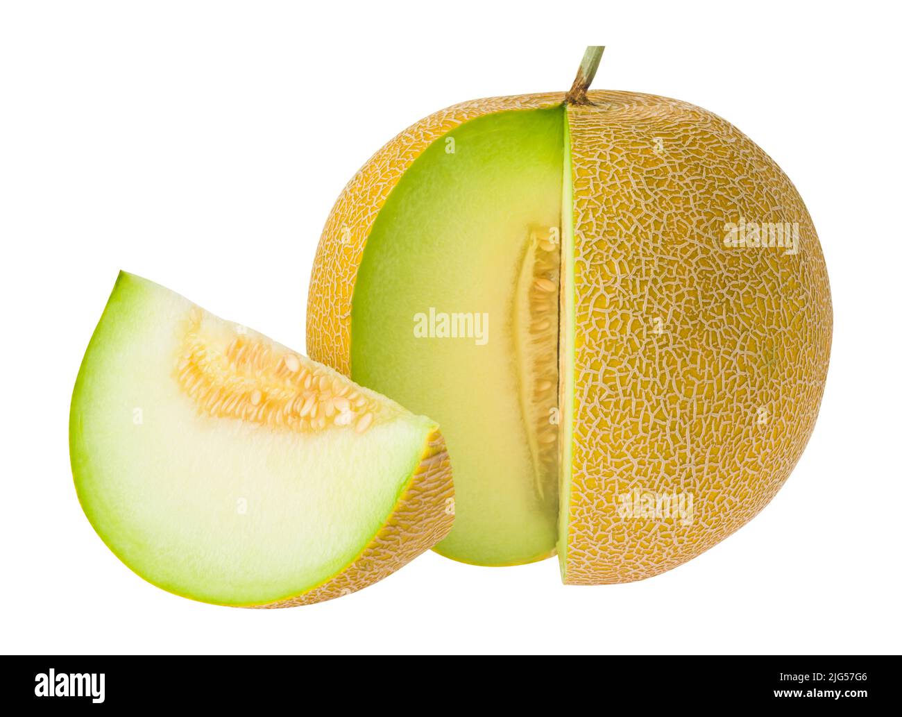 Melone und Melone in Scheiben auf isoliertem Weiß. Es hat einen Beschneidungspfad. Stockfoto