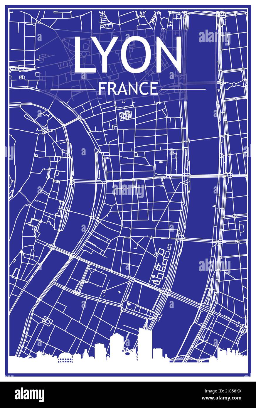 Technisches Zeichnungsausdruck Stadtplakat mit Panorama-Skyline und handgezeichneten Straßen Netzwerk auf blauem Hintergrund der Innenstadt VON LYON, FRANKREICH Stock Vektor