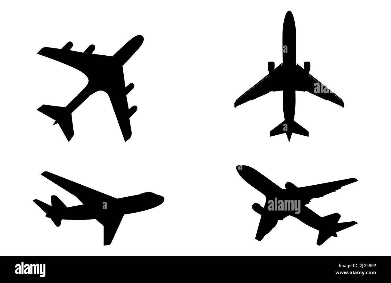 Set von Flugzeug Silhouetten. Flugzeuge im Flug, Laufen, Start, Landung ...