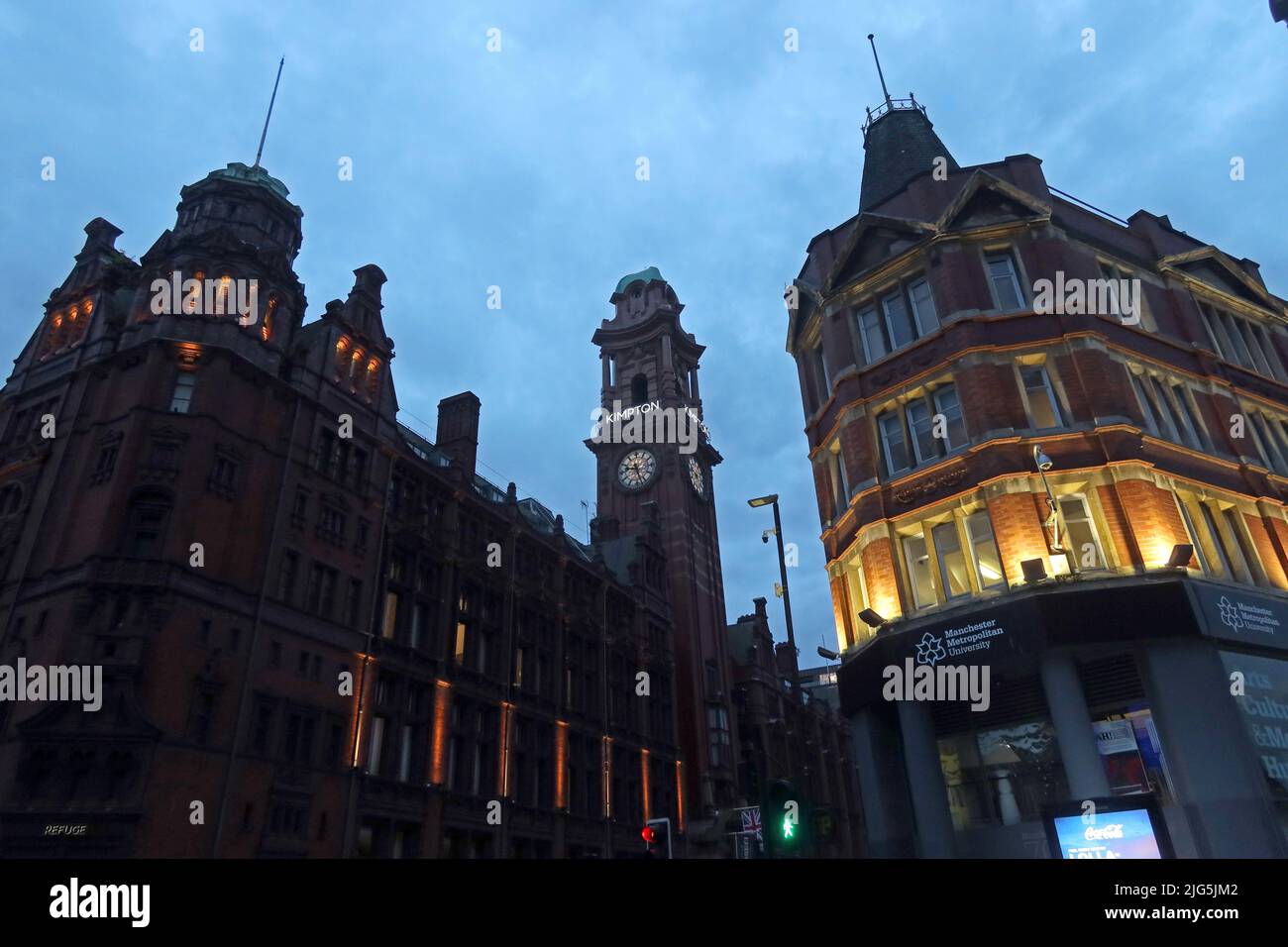 Manchester victorian Kimpton Hotel Refuge Building at Dusk, Oxford Road Manchester , at Night, England, UK, Stockfoto