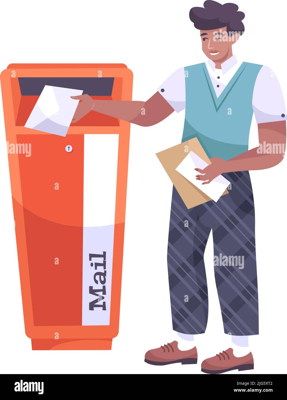 Flache Symbol mit Mann setzen Buchstaben in roten Mailbox auf weißem Hintergrund Vektor-Illustration Stock Vektor