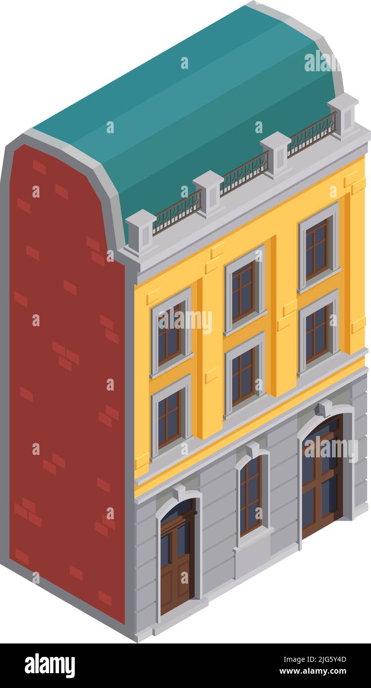 Isometrisches Symbol des vorstädtischen Mehrfamilienhauses mit grauer und gelber Fassade und grünem Seitenansicht-Vektor-Illustration des Dachs Stock Vektor