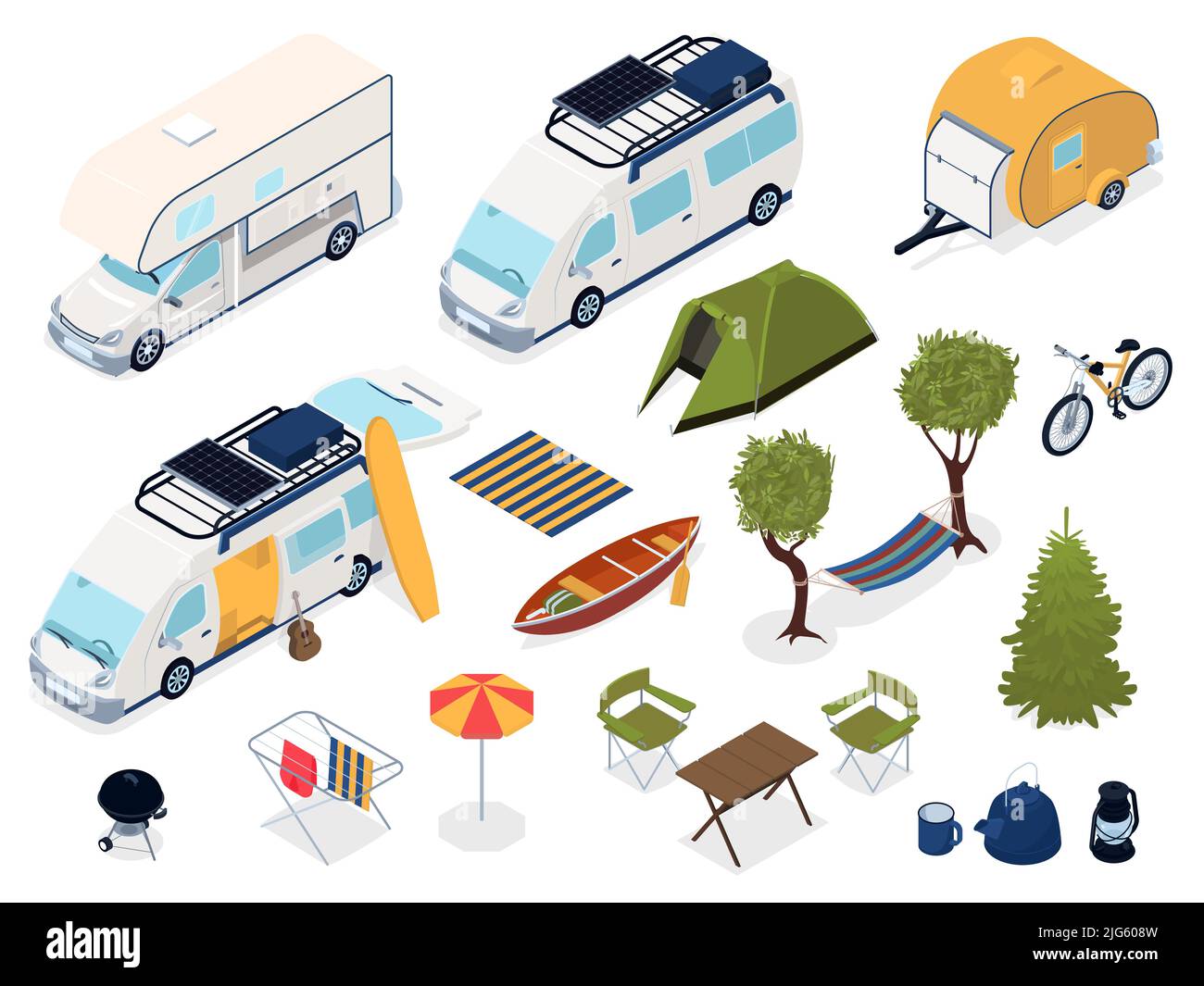 Isometrische Symbole Set mit Fahrzeugen Outdoor-Möbel-Geräte für Anhänger Park 3D isolierte Vektor-Illustration Stock Vektor