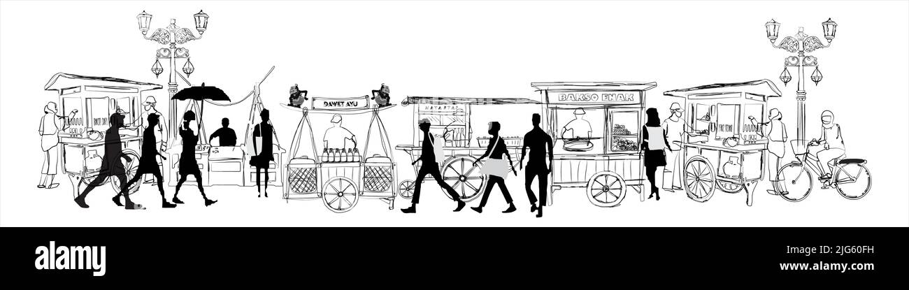 Vektor-Illustration von Street-Food-Händler und Fußgänger in Indonesien Stock Vektor