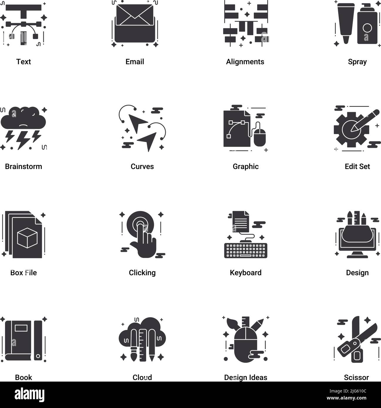 Kunst & Design, Zeichnung und Web- und Grafikdesign-Ikonen gesetzt. Glyphen-Vektor-Illustration. Stock Vektor