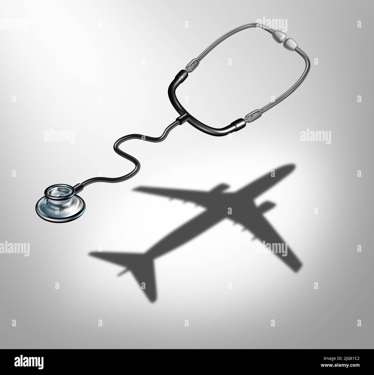 Medizintourismus- und Reiseversicherungskonzept oder Reisearzt-Idee als fliegendes Stethoskop, das als Illustration aus dem Jahr 3D einen Schatten eines Flugzeugs wirft. Stockfoto