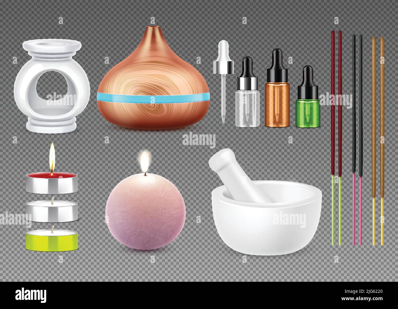 Aromatherapie realistische Set mit Aroma Lampe Öl wärmer Kerzen Joss Sticks Mörtel und Stößel auf transparentem Hintergrund isoliert Vektor Illustration Stock Vektor