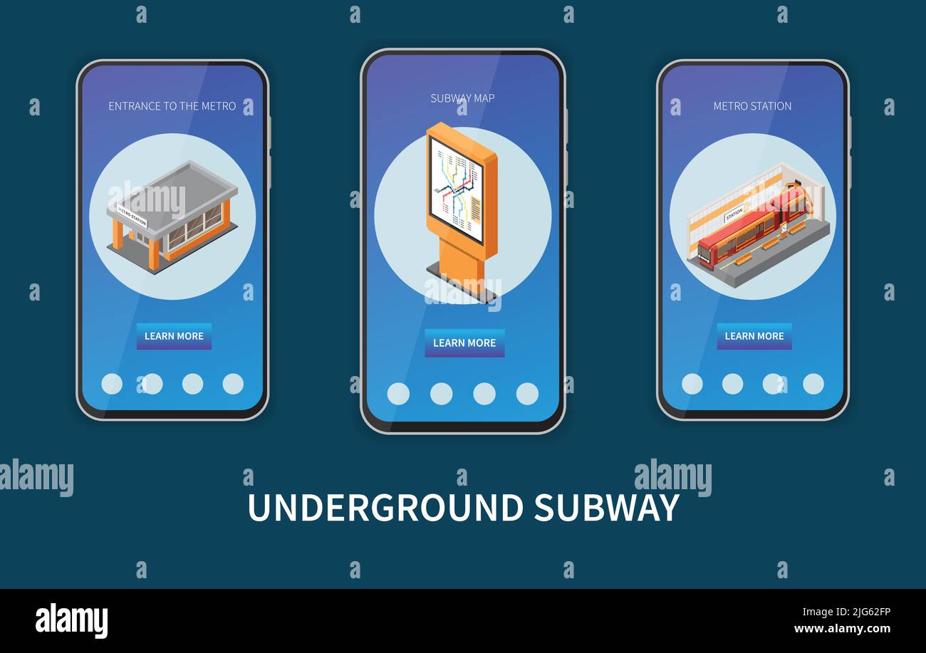 U-Bahn Metro Infrastruktur Netzwerk U-Bahn Station Eingang Karte Online-Info 3 isometrische Smartphones Bildschirme setzen Vektor-Illustration Stock Vektor