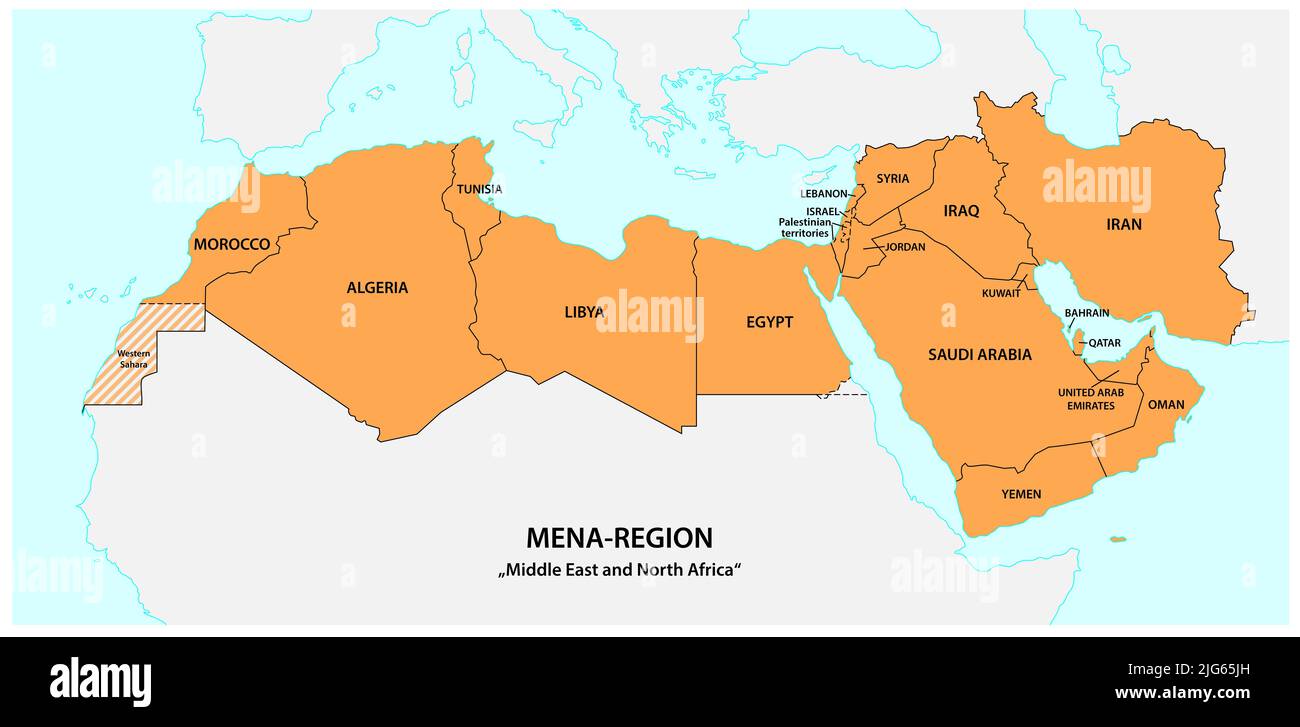 Karte der Mena-Region, des Nahen Ostens und Nordafrikas Stockfoto