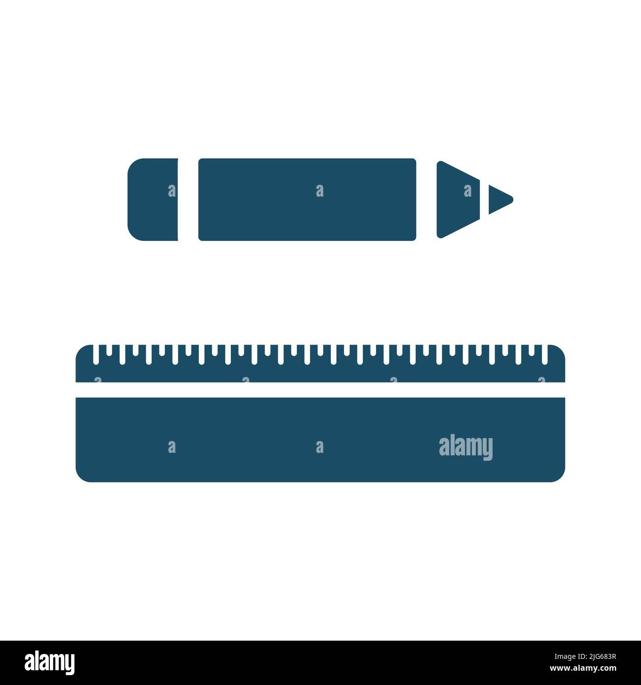 Hochwertiger dunkelblauer Flachstift und Lineal-Symbol. Piktogramm, Symbolsatz, Illustration. Nützlich für Websites, Banner, Grußkarten, Apps und Social Media Stockfoto