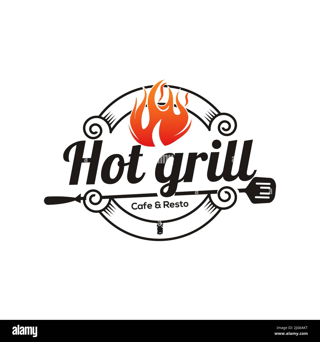 Logo Hot Grill - Desain Logo Modern Untuk Cafe & Resto dengan Tema Barbeque Stock Vektor