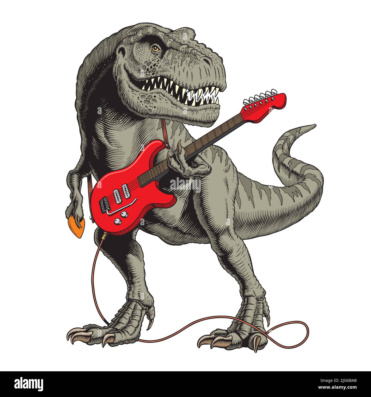 Dinosaurier spielt E-Gitarre. Tyrannosaurus oder T. rex Poster orr T-Shirt-Design. Vektorgrafik im Comic-Stil. Stock Vektor