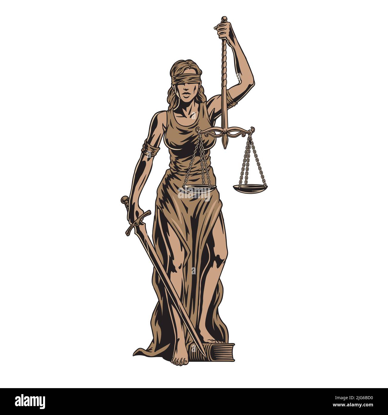 Themis Göttin Bronze Skulptur isoliert auf weißem Hintergrund. Lady Gerechtigkeit mit Schuppen und Schwert in den Händen. Vektorgrafik. Stock Vektor