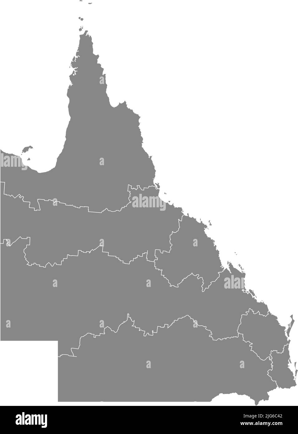 Graue Karte von Regionen von QUEENSLAND, AUSTRALIEN Stock Vektor