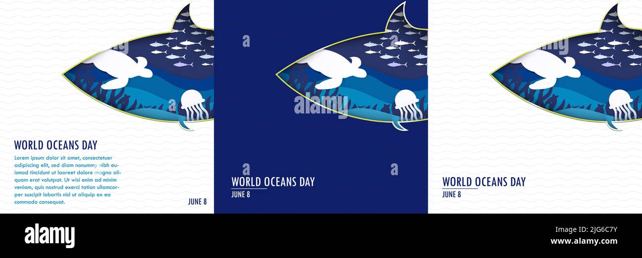 World Oceans Day Papierkunst-Konzept. Quadratische Vorlage mit Kopierbereich. Blaues Papier Origami-Ozean in fischförmigen Rahmen mit Schildkröte, Gelee Fisch. Stock Vektor