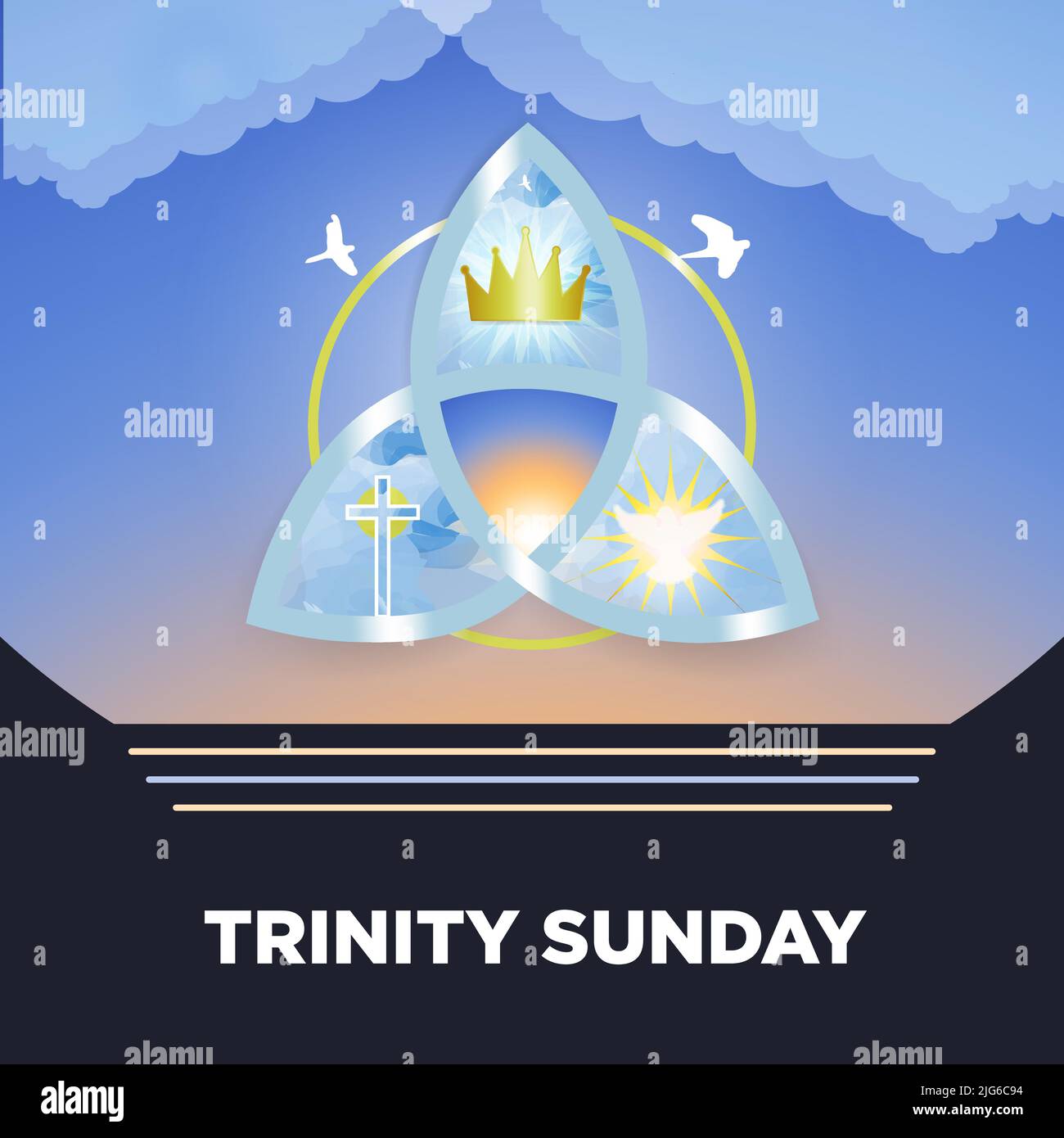 Trinity Sonntagsgrüßkarte. Religiöse dreifaltigkeit, Krone, Kreuz, heiliger Geist, Taube. Stock Vektor