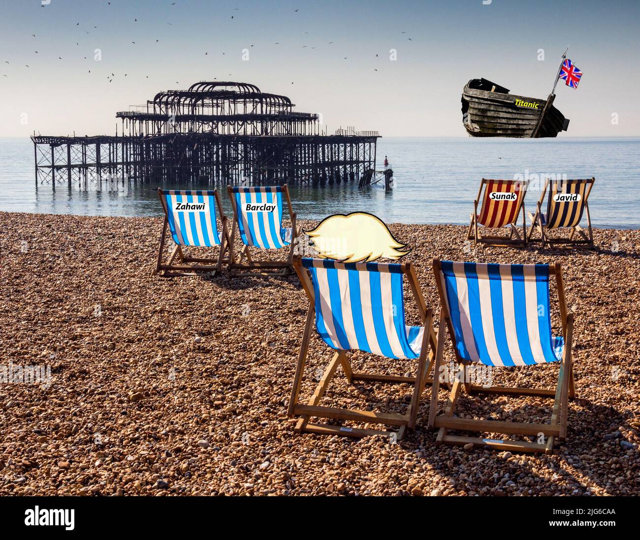 London, 6.. Juli 2022. Die Ernennung neuer Kabinettsminister durch Premierminister Boris Johnson wird mit der Umgestaltung der Liegestühle auf einem sinkenden Schiff verglichen Stockfoto London, 6.. Juli 2022. Die Ernennung neuer Kabinettsminister durch Premierminister Boris Johnson wird mit der Umgestaltung der Liegestühle auf einem sinkenden Schiff verglichen Stockfoto