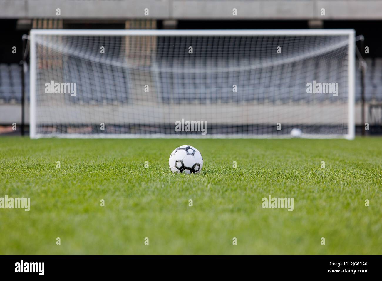 Fußballball auf frischem grünen Rasen. Fußball im großen Stadion Stockfoto