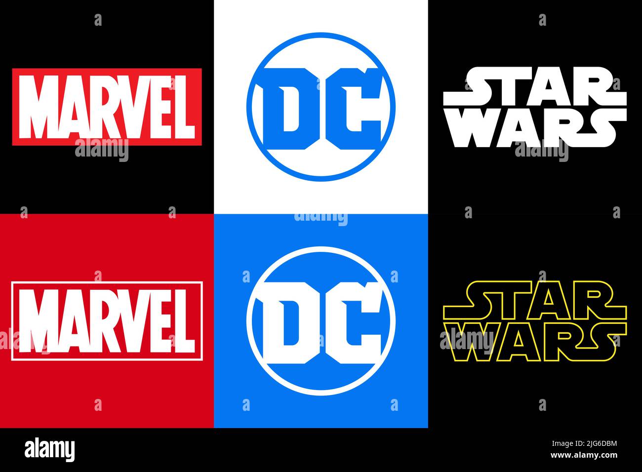Marvel DC und Star Wars, Satz von beliebten Filmstudio-Logo, Vektor redaktionelle Illustration Stock Vektor