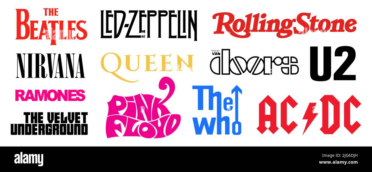Logos der berühmtesten Musikbands der Welt im Vektorformat Stock Vektor