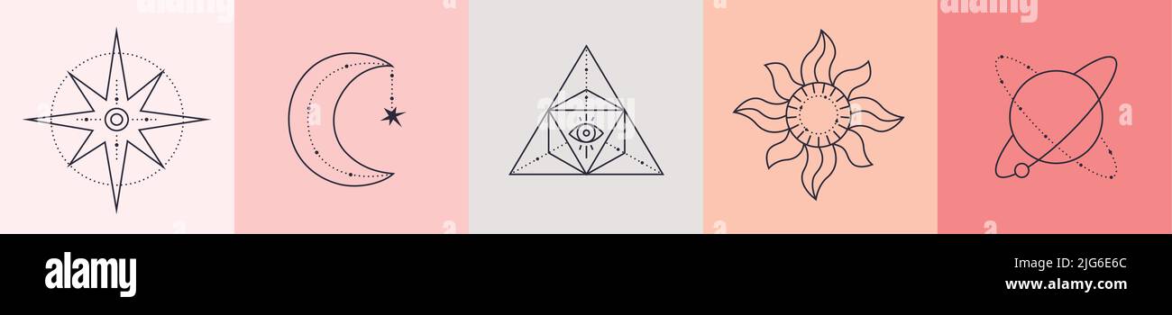 Esoterische Elemente Kollektion. Magische Symbole minimalistische Symbole, handgezeichnete lineare Vektor-Illustration Stock Vektor