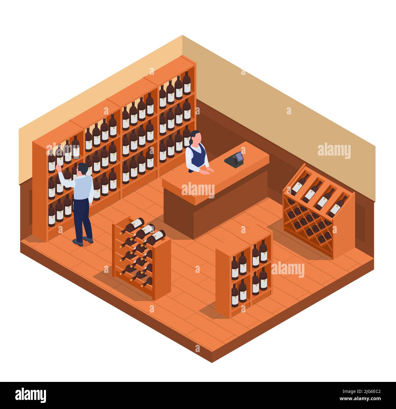 Weinmarkt Interieur mit hölzernen Regalen Verkäufer und Kunde Wahl Flasche isometrische Zusammensetzung 3D Vektor-Illustration Stock Vektor