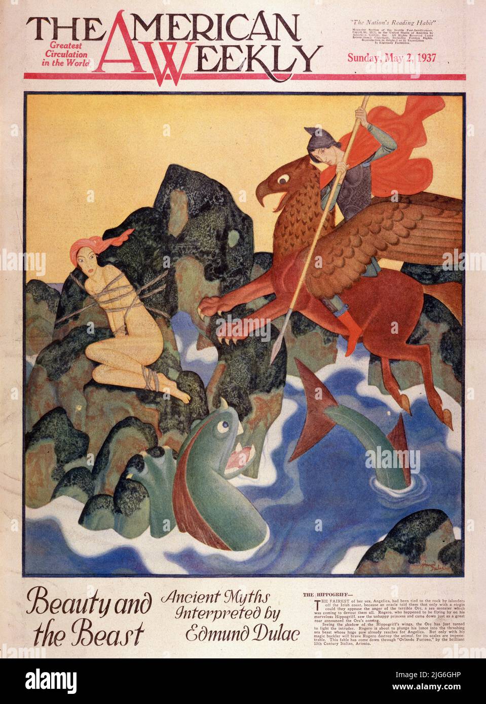 „The Hippogriff“, veröffentlicht am 2,1937. Mai, gemalt von Edmund Dulac, einer der „Beauty and the Beast“-Serien. Stockfoto