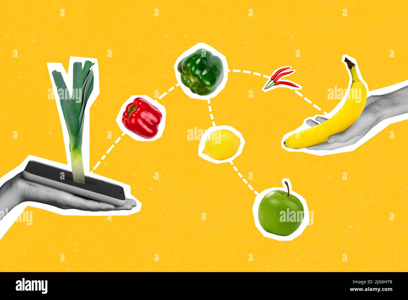 Composite Collage Bild von zwei Armen schwarz weiß Farben halten Telefon frisches Obst Gemüse isoliert auf kreative Zeichnung Hintergrund Stockfoto