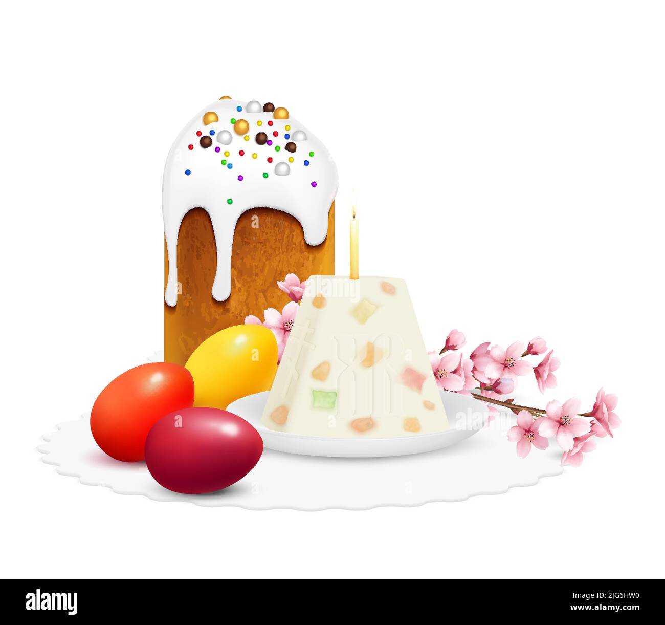 Östliche orthodoxe ostern realistische Komposition mit traditionellen süßen Kuchen gefärbten Eiern paskha und blühenden Zweig Vektor-Illustration Stock Vektor