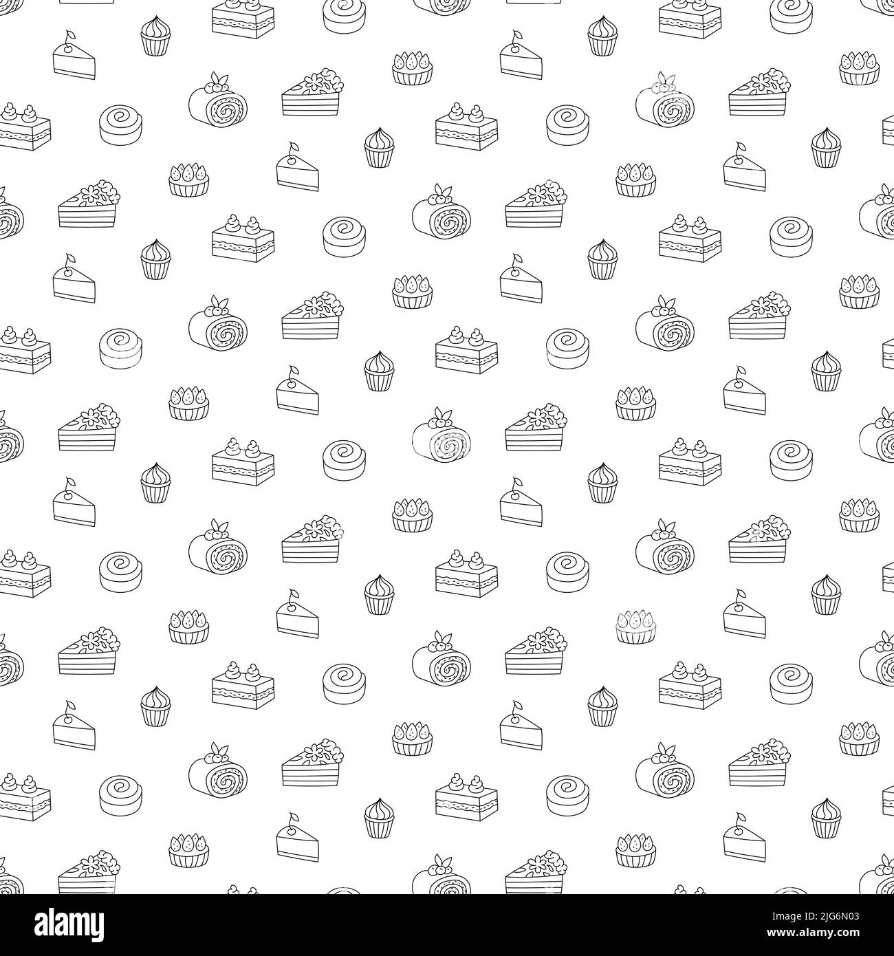 Backen von Kuchen und Desserts nahtloses Muster. Illustration für Verpackung, Menü, Rezepturgestaltung Stock Vektor