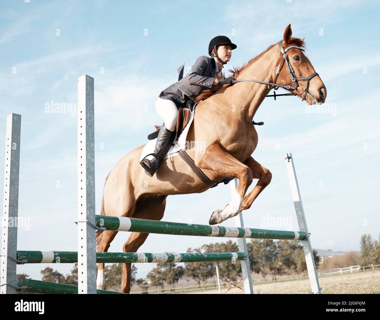 Wir sind hinüber. Ganzkörperaufnahme einer jungen Reiterin, die auf ihrem Pferd über eine Hürde springt. Stockfoto