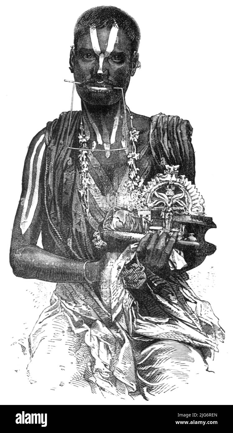 „Hindoo Fakir; (Elephant Shooting in the Dehra Dhoon)“, 1875. [Indischer heiliger Mann mit durchbohrten Wangen, mit einem Gegenstand von religiöser Bedeutung]. Aus, 'Illustrated Travels' von H.W. Bates. [Cassell, Petter und Galpin, c1880, London] Stockfoto