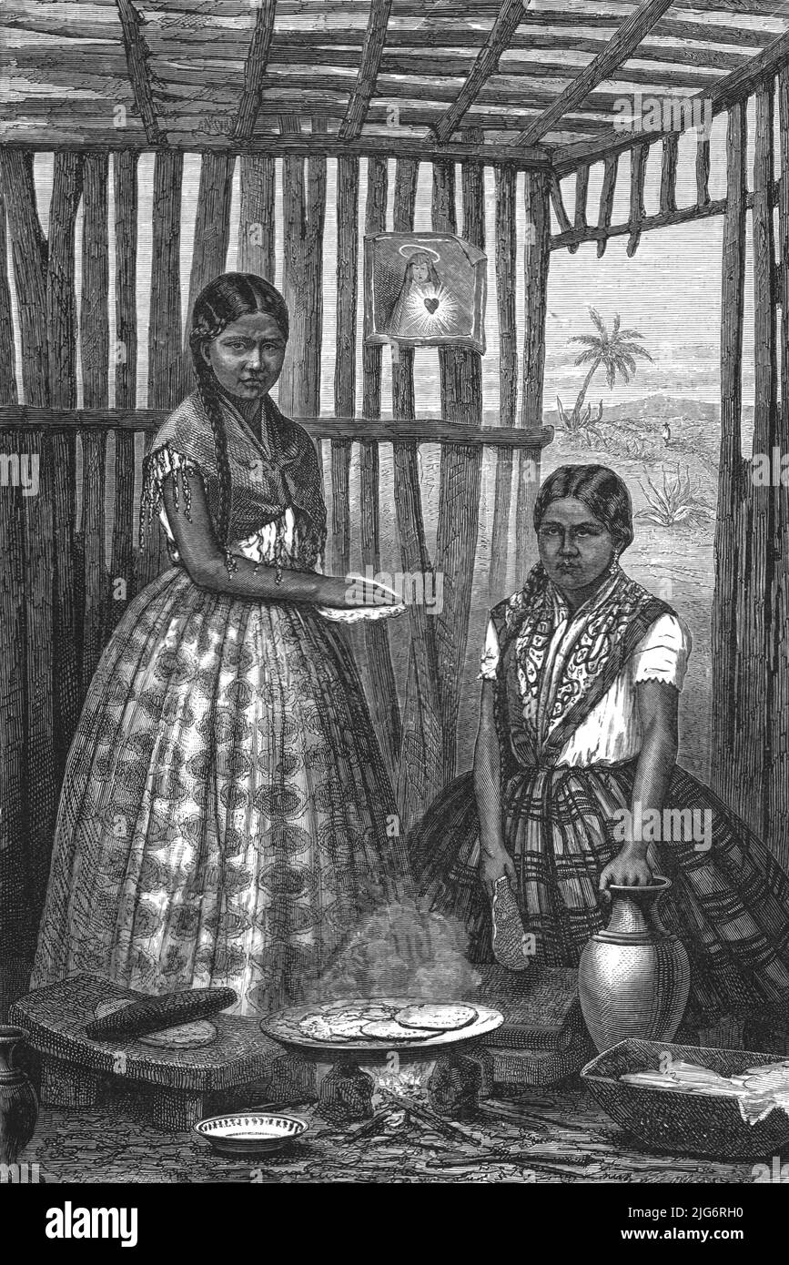 'Eine Küche im "Tierra Caliente"; Eine Reise im Zickzack durch Mexiko', 1875. [Frauen kochen Tortillas. Beachten Sie Metate zum Mahlen des Mais im Vordergrund und das christliche Bild dahinter]. Aus, 'Illustrated Travels' von H.W. Bates. [Cassell, Petter und Galpin, c1880, London] Stockfoto