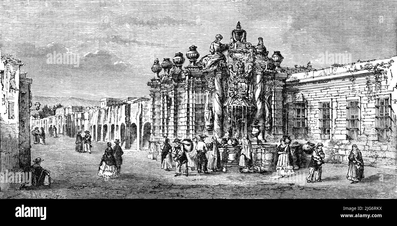 'Brunnen und Aquadukt, Stadt von Mexiko. A Ride Round the Valley of Mexico', 1875. [Das Aquädukt Chapultepec wurde ursprünglich von den Azteken im 15.. Jahrhundert erbaut. Sie wurde im 18.. Jahrhundert von den Spaniern wieder aufgebaut. Blick auf den Brunnen Salto del Agua]. Aus, 'Illustrated Travels' von H.W. Bates. [Cassell, Petter, and Galpin, c1880, London] Belle Sauvage Works.London E.C. Stockfoto