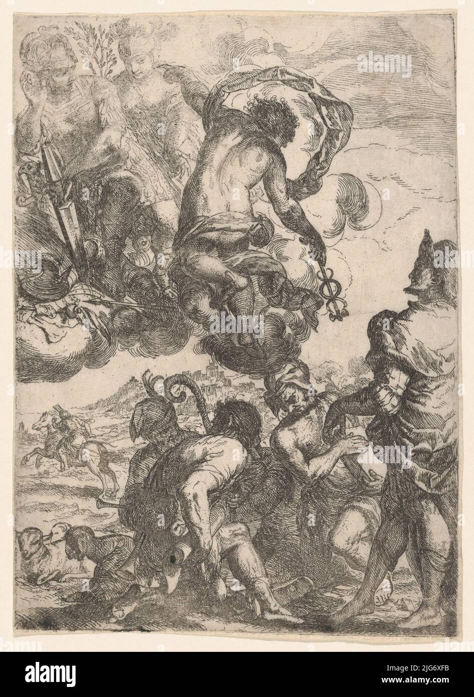 Mercury (Hermes), Juno (?) Mars, und eine Gruppe von Figuren unten (Hirten, Musiker), ca. 1640-60. Stockfoto