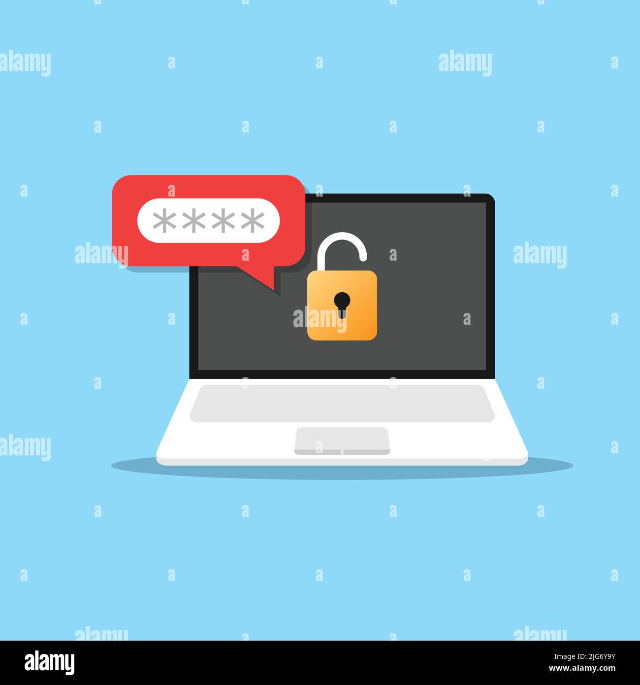 Laptop mit Passwort-Benachrichtigungssymbol in flacher Ausführung. Abbildung des Authentifizierungsvektors auf isoliertem Hintergrund. Anmeldebestätigung unterzeichnen Geschäftskonz Stock Vektor