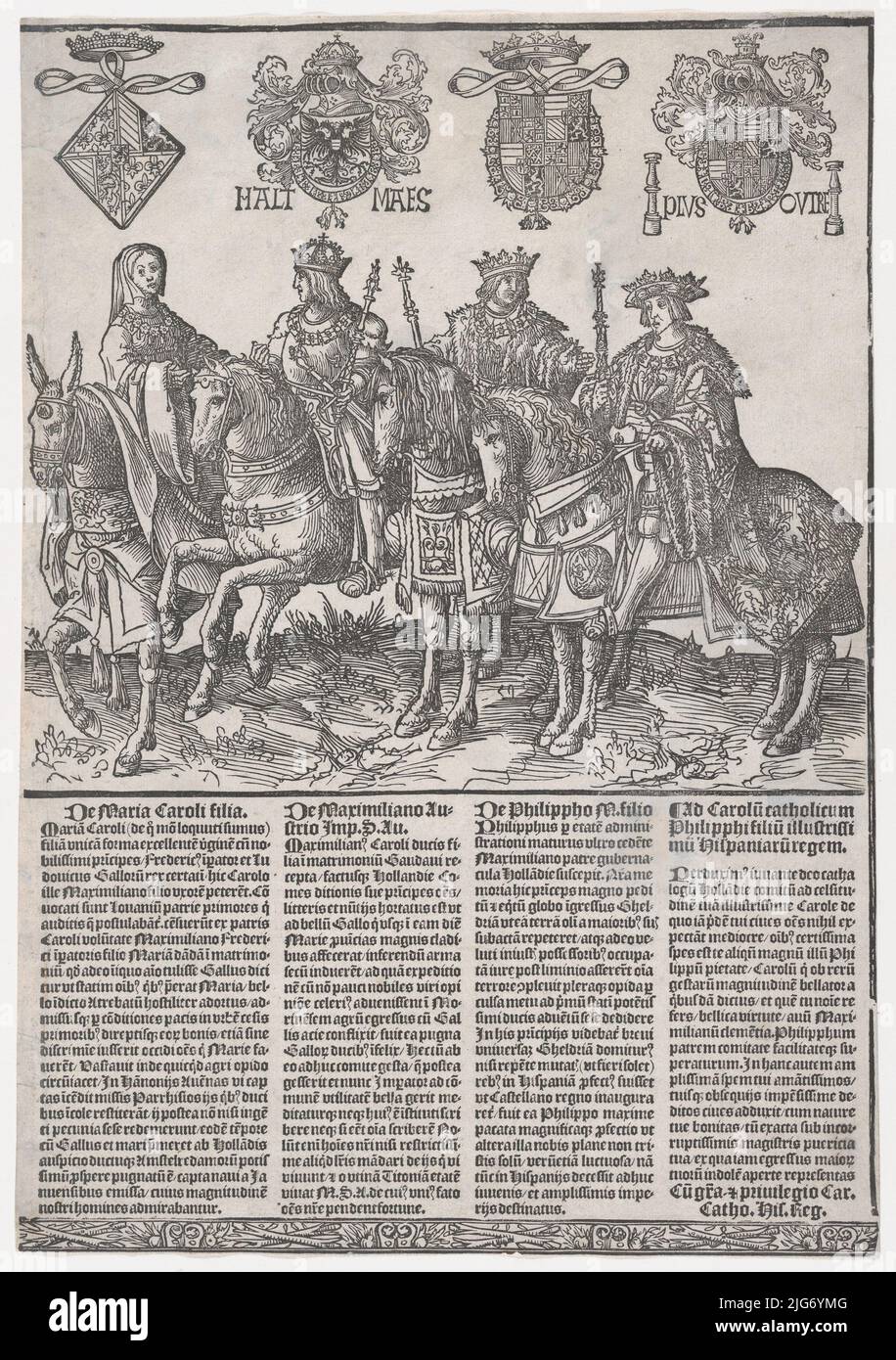 Prozession der Grafen und der Gräfin von Holland auf dem Pferderuß: Maria von Burgund, Maximilian I., Philipp der Schöne, und Karl V., 1518. Stockfoto
