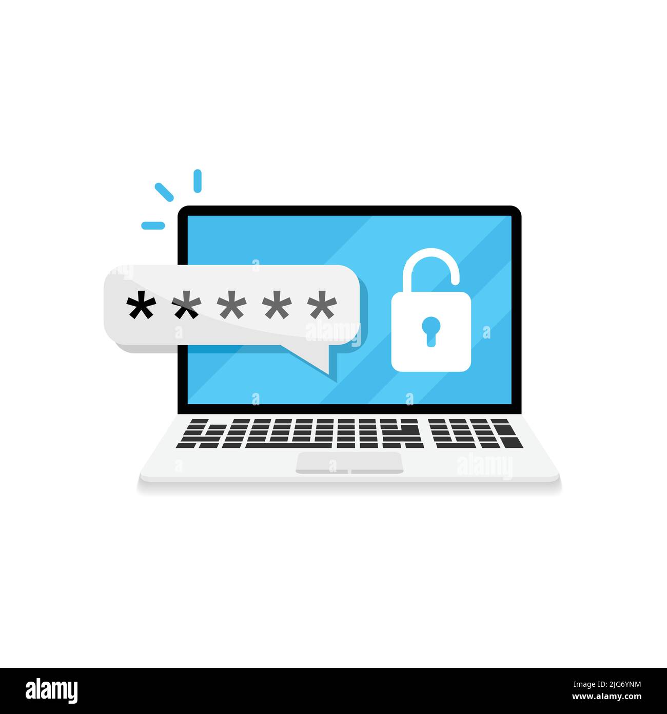 Laptop mit Passwort-Benachrichtigungssymbol in flacher Ausführung. Abbildung des Authentifizierungsvektors auf isoliertem Hintergrund. Anmeldebestätigung unterzeichnen Geschäftskonz Stock Vektor
