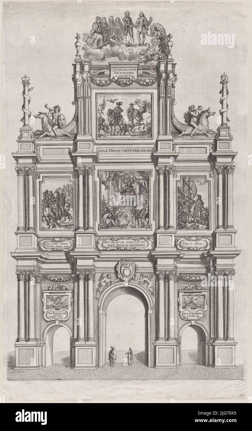 Tafel 19: Triumphbogen, Höhe der Front, überragt von einer Wolke mit Ferdinand und königlichen Vorfahren; aus Guillielmus Becanus' Serenissimi Principis Ferdinandi, Hispaniarum Infantis...', 1636. Stockfoto