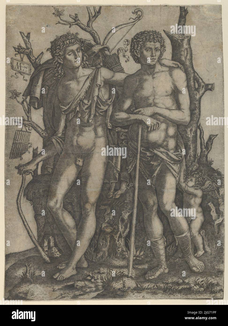 Apollo steht links, seine Hand liegt auf der Schulter von Hyacinthus, Amor unten rechts, 1506. Stockfoto