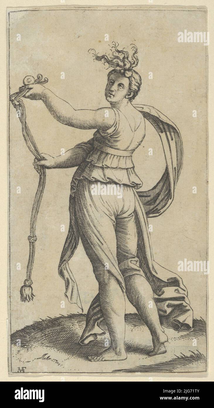 Eine Frau, die Temperance darstellt und ein bisschen nach links zeigt, ca. 1510-27. Stockfoto