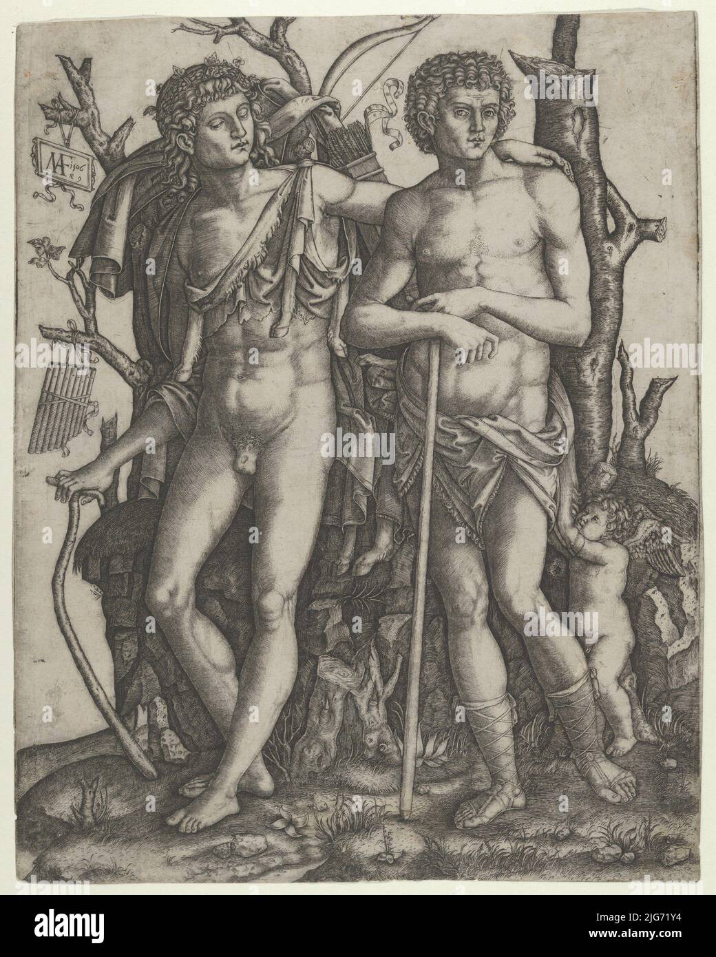 Apollo steht links, seine Hand liegt auf der Schulter von Hyacinthus, Amor unten rechts, 1506. Stockfoto